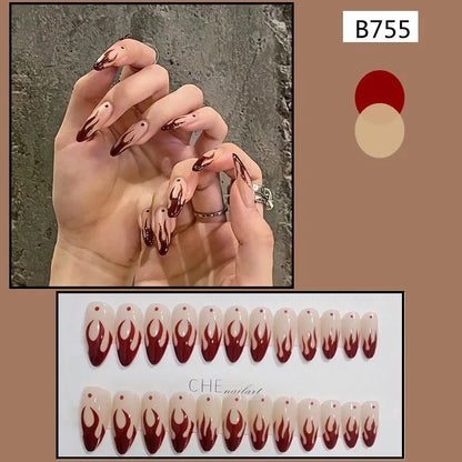 Wine Red Fake Nail Tips Long Pointed Head Glossy Press on Nails Wearable Full Cover INS Gradient Color False Nail Tips 24pcs