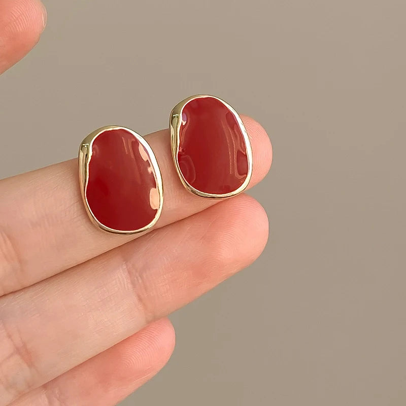 New Trend Wine Red Enamel Women's Stud Earrings Geometric Statement Female Small Earrings Unique Design Unusual Earrings