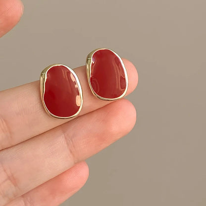 New Trend Wine Red Enamel Women's Stud Earrings Geometric Statement Female Small Earrings Unique Design Unusual Earrings