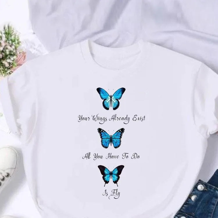 Women's European and American Clothing Butterfly Letter Printed Short-sleeved T-shirt Tops  Graphic T Shirts  Harajuku