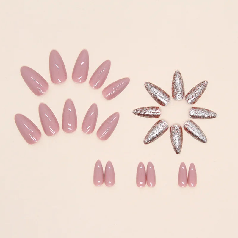 24pcs Solid Bean Pink Almond Glitter Medium Long Nails Press on False Nails with Glue Reusable Woman Artificial Fake Nail Tips