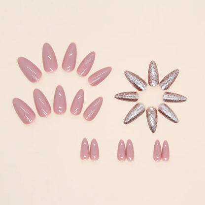 24pcs Solid Bean Pink Almond Glitter Medium Long Nails Press on False Nails with Glue Reusable Woman Artificial Fake Nail Tips