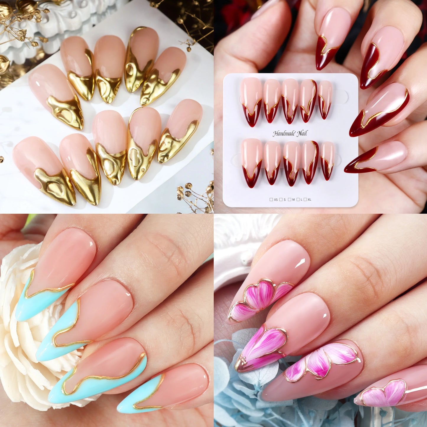 10pcs Handmade Press on Long Almond False Nails Metal Surface French Gorgeous Style 3D Full Coverage False Nails, Reusable