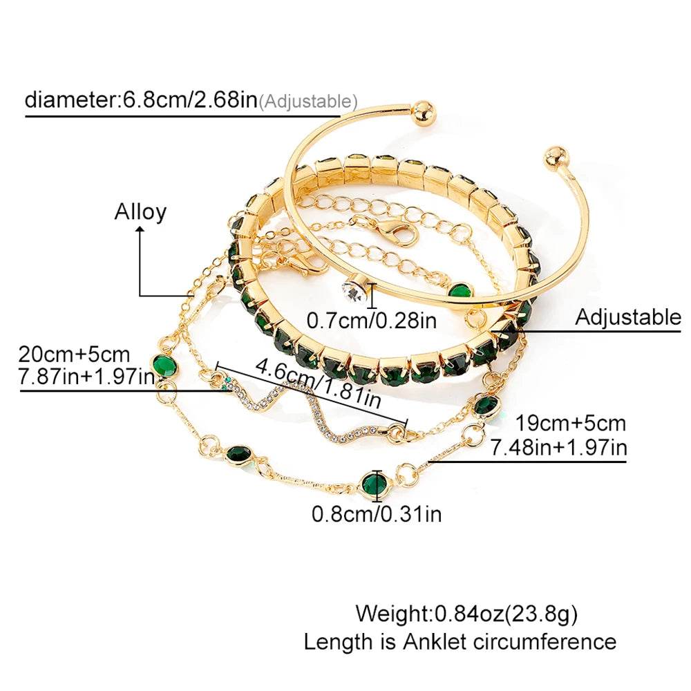 Fashionable Snake Imitation Gemstone Bangle Rhinestone Full Metal Bracelet Set for Women's Jewelry Birthday Party 4PCS/Set