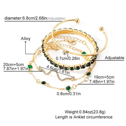 Fashionable Snake Imitation Gemstone Bangle Rhinestone Full Metal Bracelet Set for Women's Jewelry Birthday Party 4PCS/Set