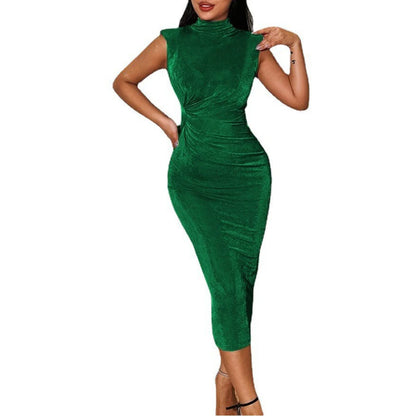 Summer Sleeveless Long Dress Women 2023 Half High Collar Elegant Office Lady Dress Sexy Bodycon Folds Slim Evening Party Dresses