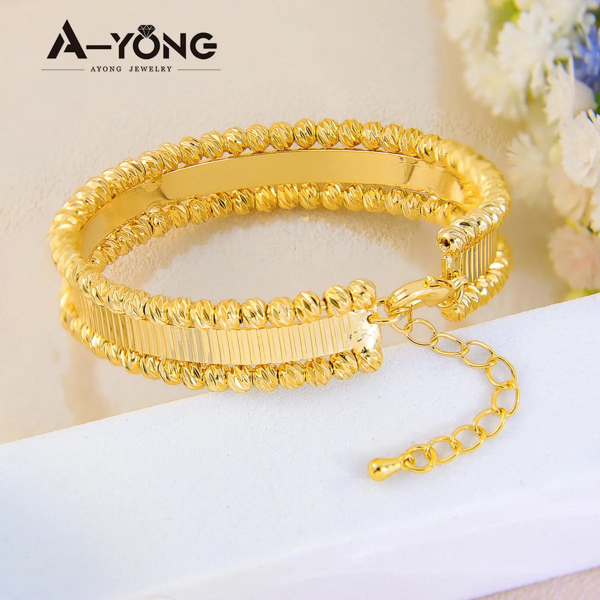 Italian Elegant Gold Bracelet and ring  Set 21k Gold Plated Turkish Bead Openwork Copper Bracelets Ring Luxury Dubai Style Bridal Jewelry