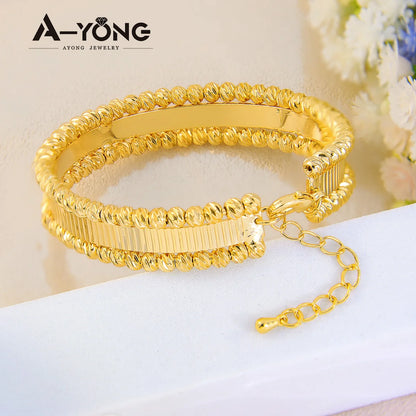Italian Elegant Gold Bracelet and ring  Set 21k Gold Plated Turkish Bead Openwork Copper Bracelets Ring Luxury Dubai Style Bridal Jewelry