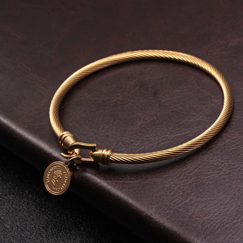 Stainless Steel Queen Coin Gold Plated Trendy Bracelets For Men Women Wedding Hook Closure Bangle Jewelry Birthday
