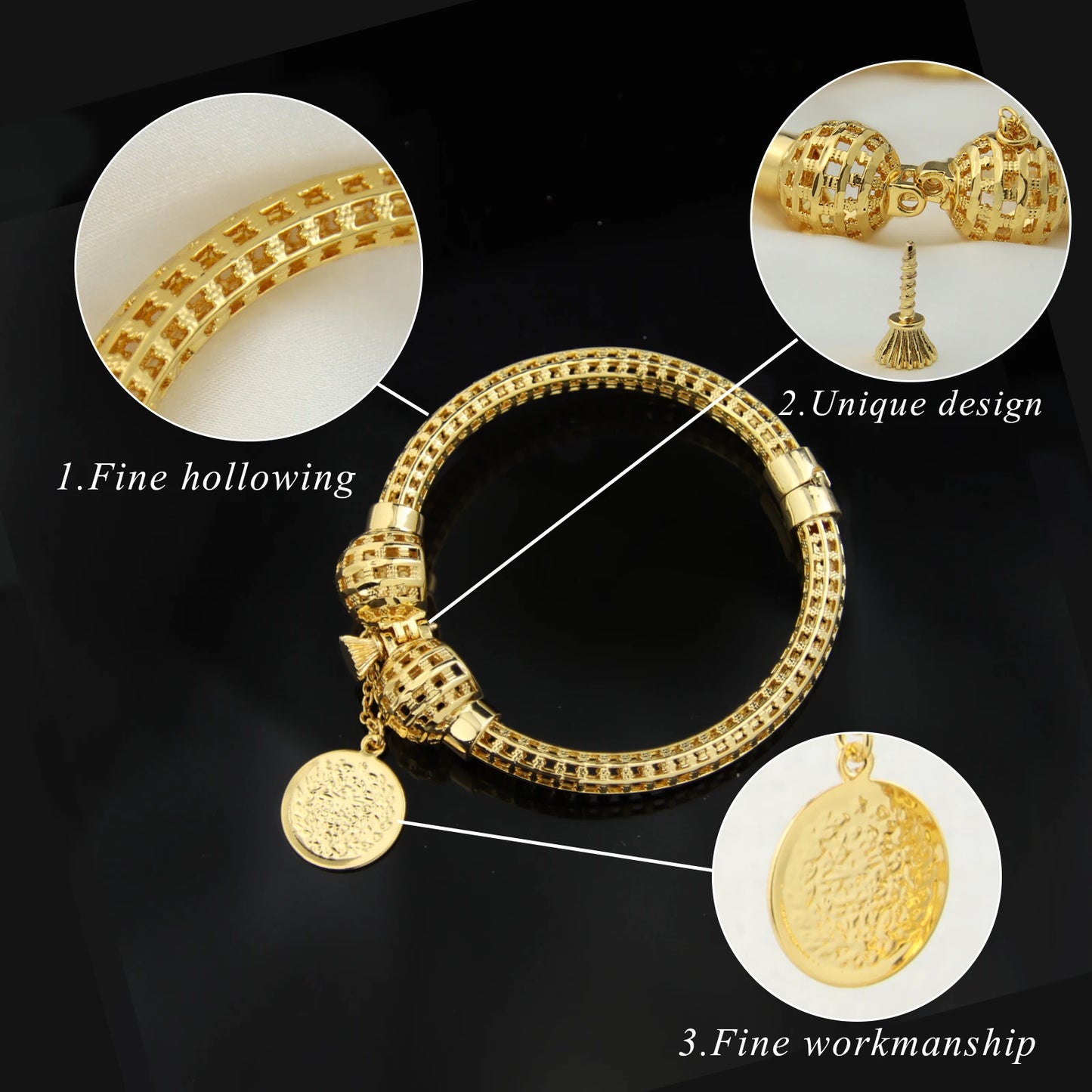 AYONG Saudi Gold Bracelet 21k Gold Plated Hollow Out Balls Bangle Punk Personality Hand Chain Cuff Bracelet