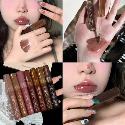 Chocolate Lip Gloss Long Lasting Moisturizes Dark Brown Lip Glaze Transparent Glass Mirror Water Liquid Lipstick Clear Makeup