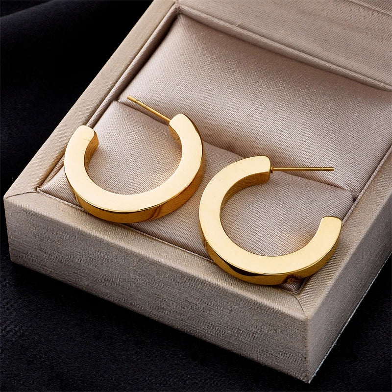 MEYRROYU Round Chunky Hoop Earrings Gold Color Stainless Steel Bijoux Jewelry New Metal 18 K Earrings Accessories