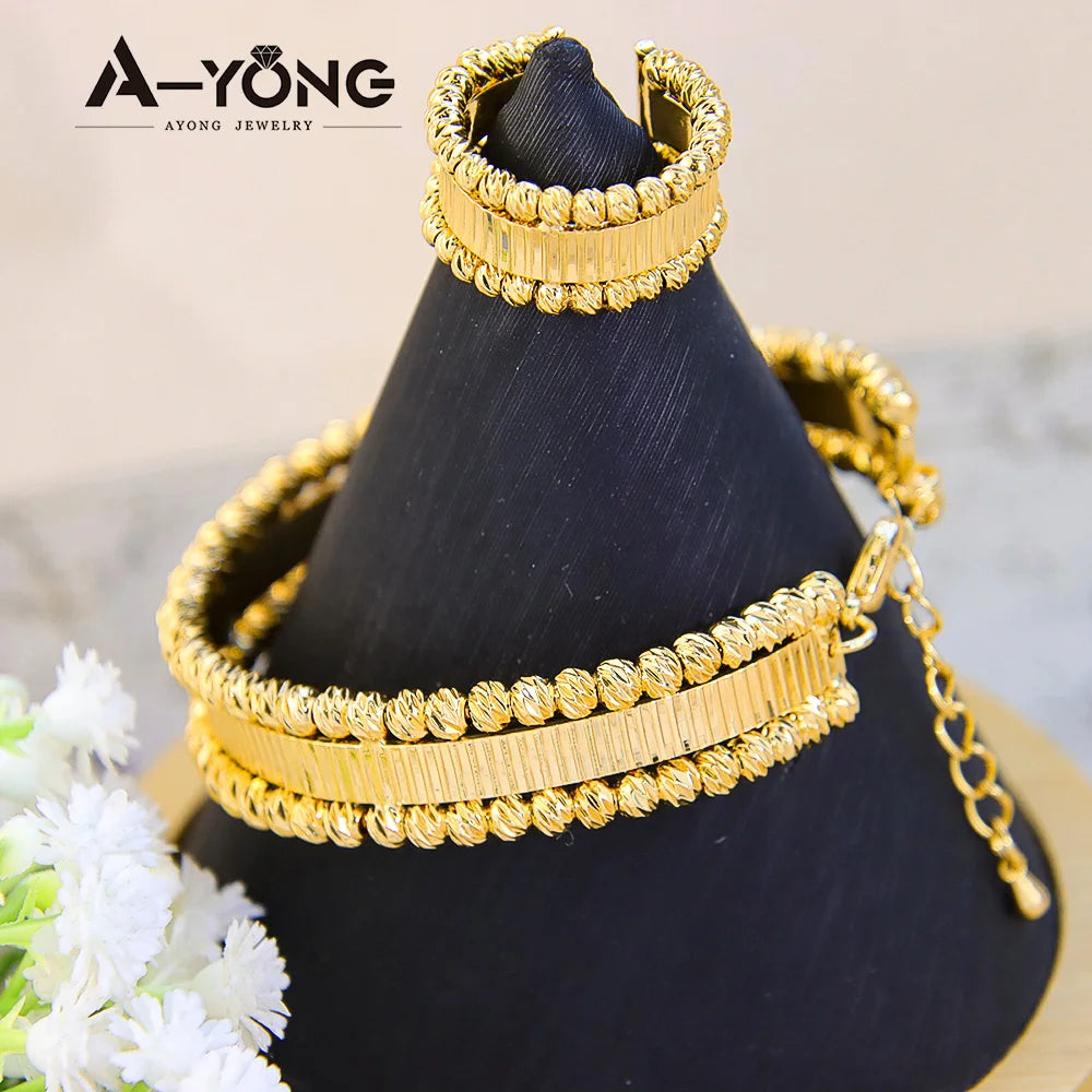 Italian Elegant Gold Bracelet and ring  Set 21k Gold Plated Turkish Bead Openwork Copper Bracelets Ring Luxury Dubai Style Bridal Jewelry