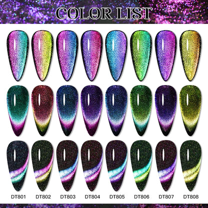 MEET ACROSS 7ml 9D Rainbow Magnetic Gel Holographic Glitter Cat Eye Gel Nail Polish Shiny Reflective Cat Eye's Magnet Gel Polish