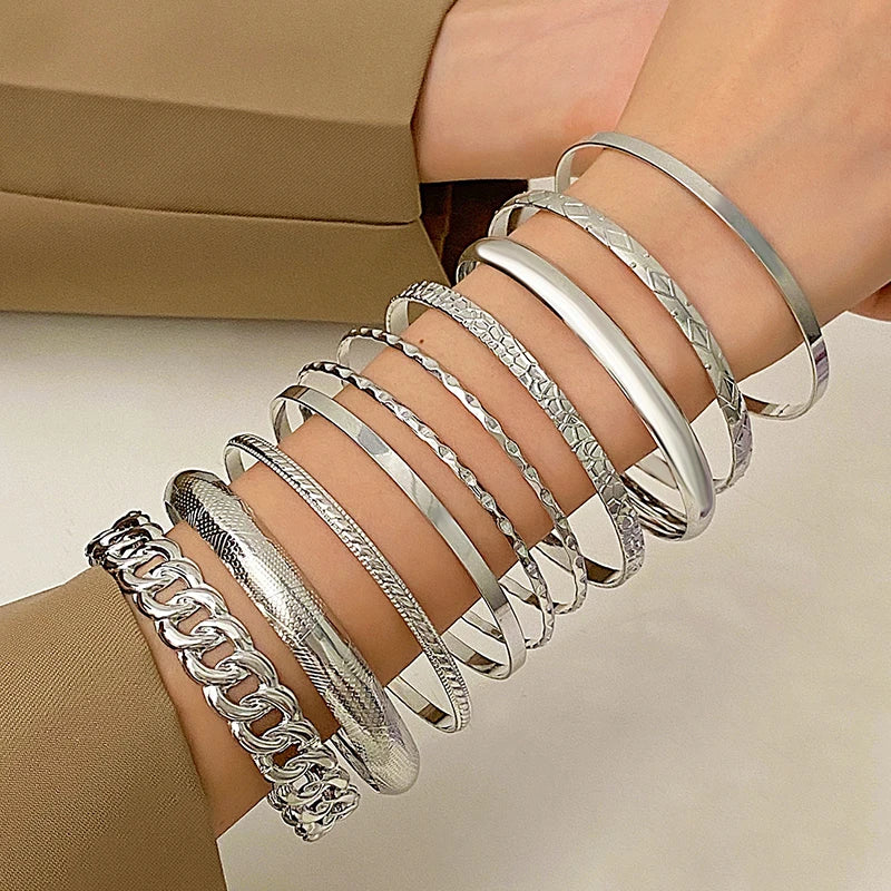 LiFoung 10 Pieces Metal Bangles Set For Women Heavy Style Punk Textured Trendy Fashion Jewelry Classic Occasions Accessories