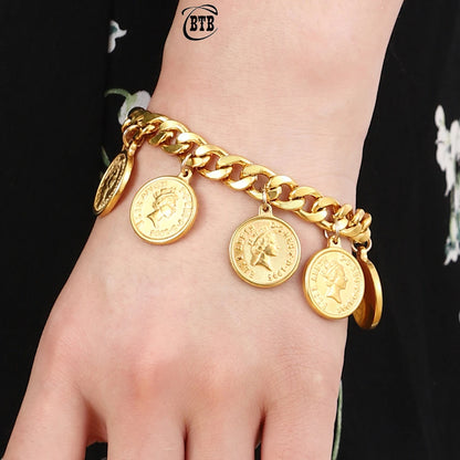 Luxury Fashion Stainless Steel Portrait Coin Pendant Bracelet for Women Wide Cuban Chain Charm Jewelry