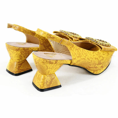 Autumn New Design Specials Italian Women Shoes and Bag Set Comfortable Mid Heels With Rhinestone in Yellow Color