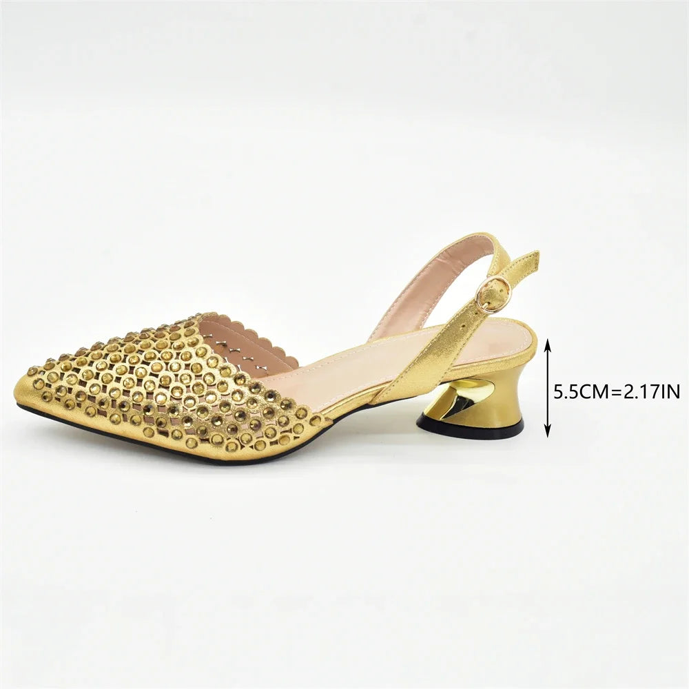 New Fashion Gold Color Shoes and Bags To Match Set Party Women's Wedding Bag and Shoe Set Decorated with Rhinestone