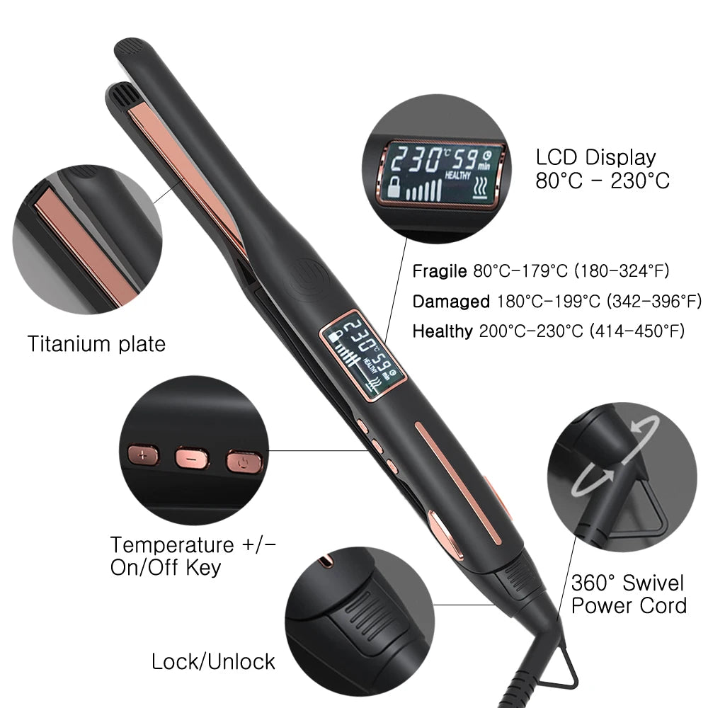 Hair Curler 450°F Pencil Hair Flat Iron 10mm Titanium Thinnest Narrow Mini Hair Straightener for Beard Short Hair Styling Tool