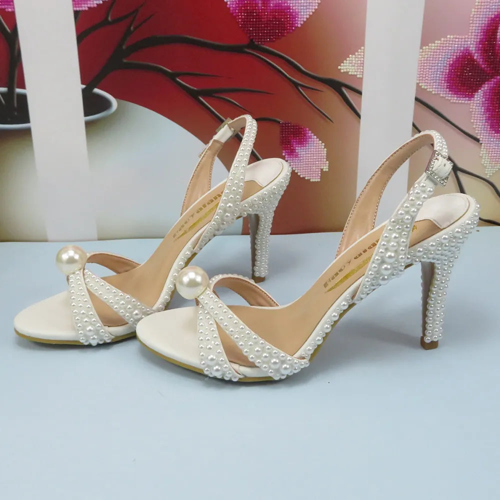 Lovein Crystal  New Arrival White Female Sandals Bridal shoes bag set woman Fashion Thin Heel Big Pearl Girls fashion Sandals party Shoes