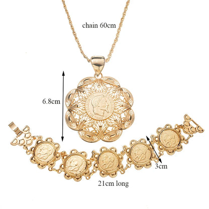 French Vintage Coin Bracelet Dubai Ladies Necklace Slide Chain Arabian Ladies Robe Jewelry Set Gold Plated Pendant