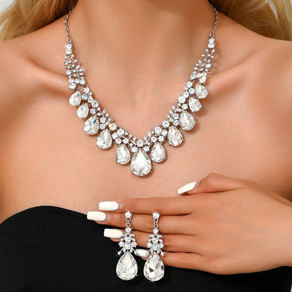 3PC Women's Fashion Trendy Charm Crystal Water Drop Necklace Earrings Jewelry Set for Wedding and Party