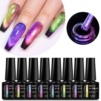 MEET ACROSS 7ml 9D Rainbow Magnetic Gel Holographic Glitter Cat Eye Gel Nail Polish Shiny Reflective Cat Eye's Magnet Gel Polish