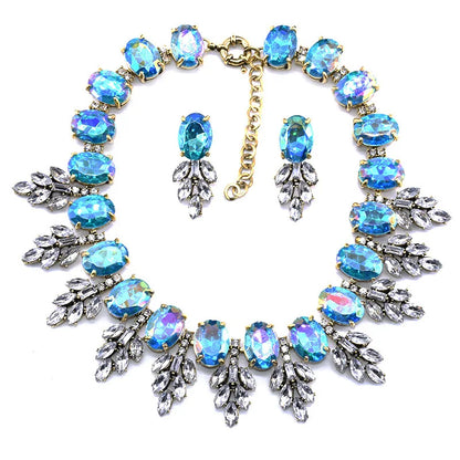 Luxury Jewelry Set Elegant Wedding Prom Crystal Earring and Chunky Bib Choker Royal Blue Rhinestone Statement Necklace for Women
