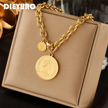 DIEYURO Stainless Steel Gold Color Hip Hop Round Portrait Coin Necklace For Women