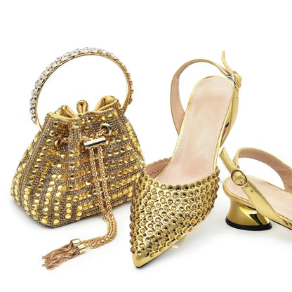 New Fashion Gold Color Shoes and Bags To Match Set Party Women's Wedding Bag and Shoe Set Decorated with Rhinestone