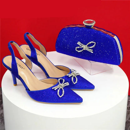 New Style Blue Color Elegant High Heels Popular Design Ladies Shoes Matching Bag Set