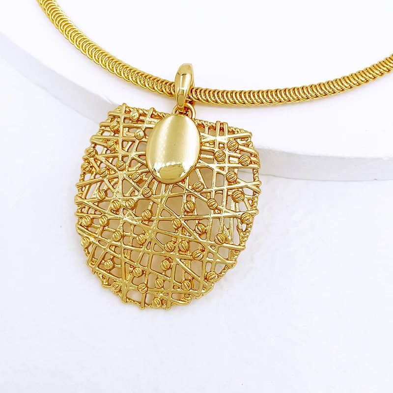 Gold Color Necklace Earrings Set For Women Unique Choker Pendant Earrings 3Pcs Set Jewelry Quality Accessories Free Shipping