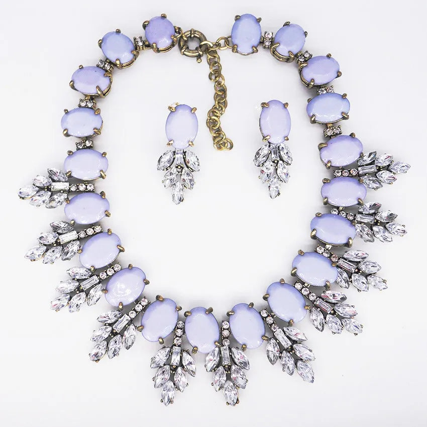 Luxury Jewelry Set Elegant Wedding Prom Crystal Earring and Chunky Bib Choker Royal Blue Rhinestone Statement Necklace for Women