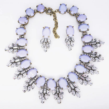 Luxury Jewelry Set Elegant Wedding Prom Crystal Earring and Chunky Bib Choker Royal Blue Rhinestone Statement Necklace for Women