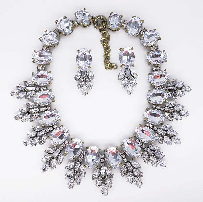 Luxury Jewelry Set Elegant Wedding Prom Crystal Earring and Chunky Bib Choker Royal Blue Rhinestone Statement Necklace for Women