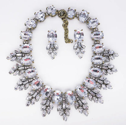 Luxury Jewelry Set Elegant Wedding Prom Crystal Earring and Chunky Bib Choker Royal Blue Rhinestone Statement Necklace for Women