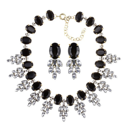Luxury Jewelry Set Elegant Wedding Prom Crystal Earring and Chunky Bib Choker Royal Blue Rhinestone Statement Necklace for Women