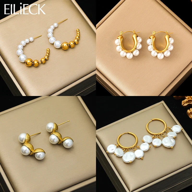 EILIECK 316L Stainless Steel Pearl Earrings For Women Fashion New Holiday Gold Color Waterproof Ear Jewelry