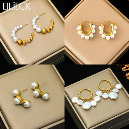 EILIECK 316L Stainless Steel Pearl Earrings For Women Fashion New Holiday Gold Color Waterproof Ear Jewelry