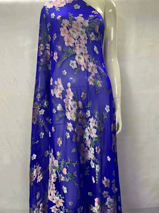 Fashion Soft  Print Satin Silk Fabric With Swiss Voile Lace For Party Lady Dress Sewing Material 5+2 Yards/Set