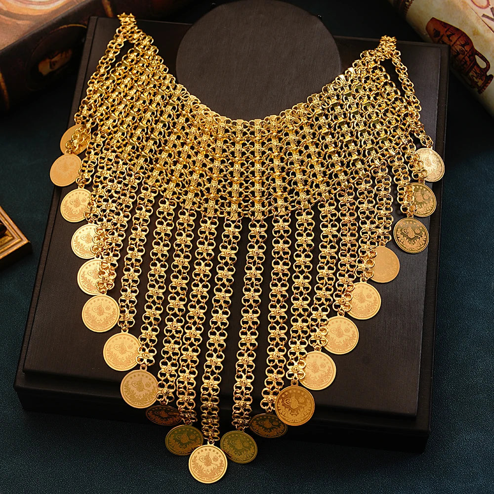 New Tassels Gold Plated Coin Necklace for Women Turkish Bridal Chains Necklaces Ethnic Wedding Jewelry Bride