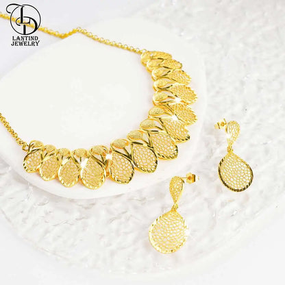 Dubai Style Cut Out Leaf Necklace Middle Eastern Fashion Ladies 24K Gold-Plated Water Drop Pattern Earrings Fashion Bridal Copper Jewelry Set
