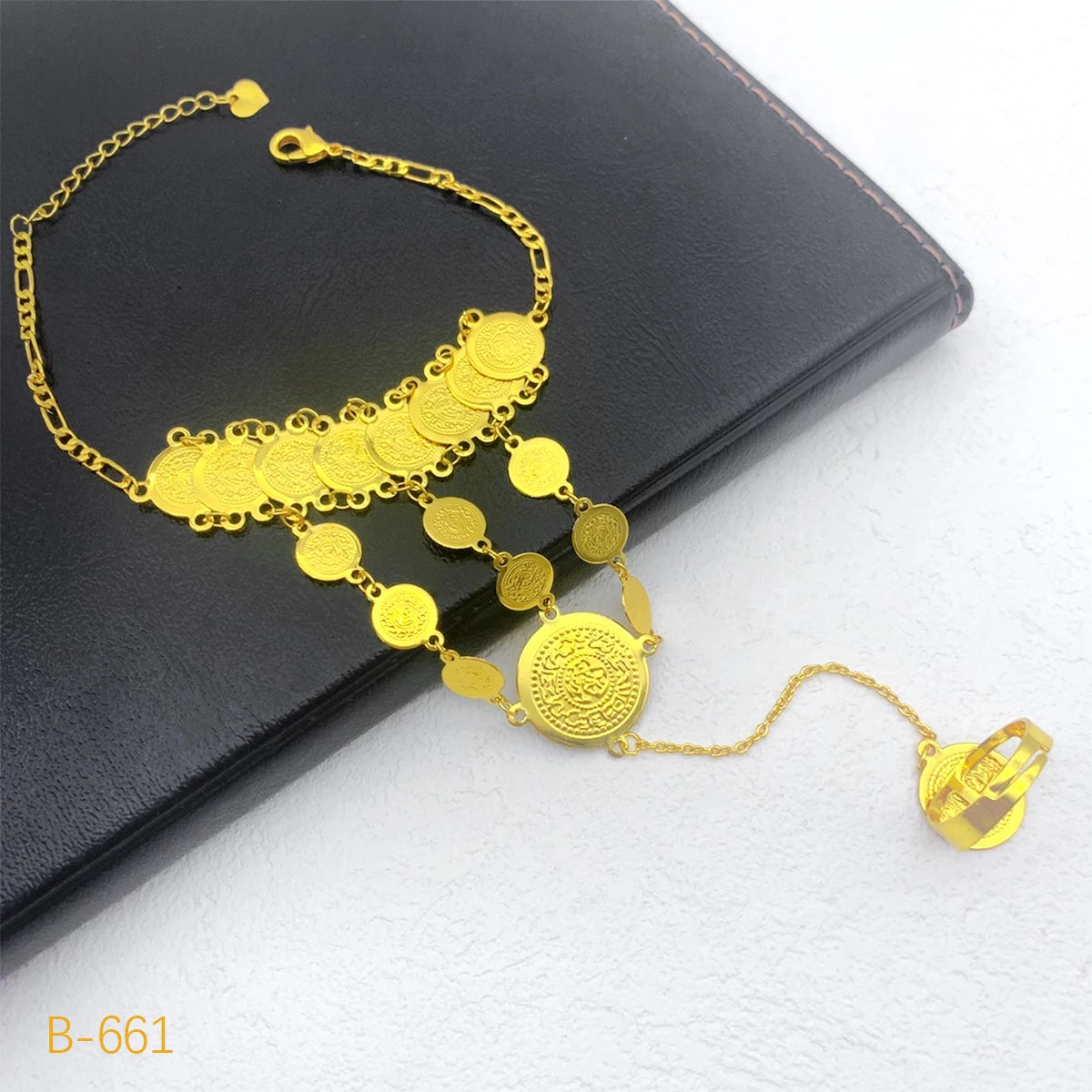 Turkish Coin Bracelet with Ring 24k Gold Plated Tassel Bangle Party Event Accessories Gift