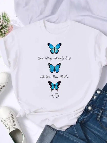 Women's European and American Clothing Butterfly Letter Printed Short-sleeved T-shirt Tops  Graphic T Shirts  Harajuku