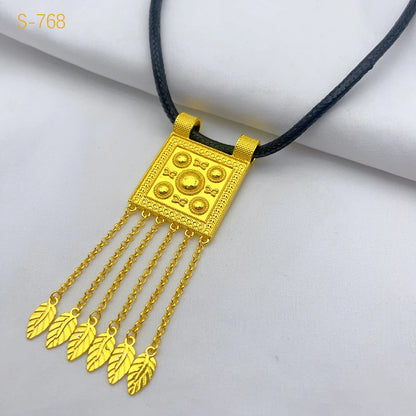 Luxury Gold Color Bridal Jewelry Sets for Women Ethiopian Rope Tassel Pendant Necklace Earrings Bracelet Ring Wedding