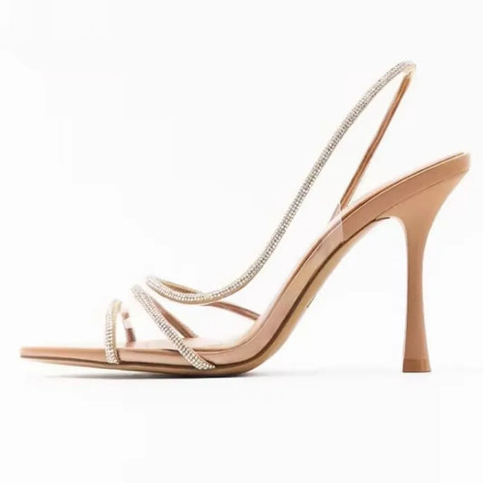 Women Summer Rhinestone Slingback Pumps Office Lady Transparent Heeled Sandals Elegant Pointed Toe Female Sexy High Heels