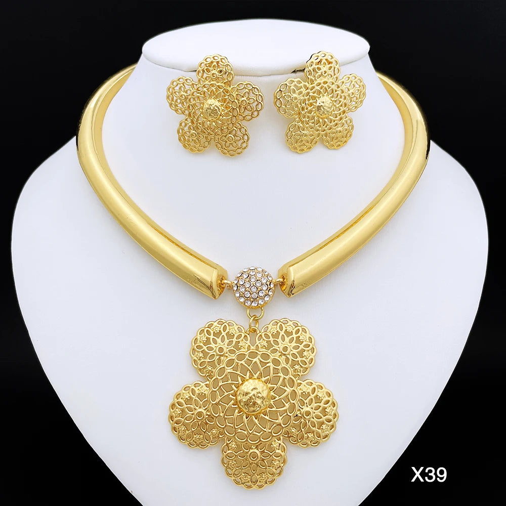 Gold Color Dubai Jewelry Necklace Earrings Set For Women Square Shape Pendant Bride Wedding Party Gift