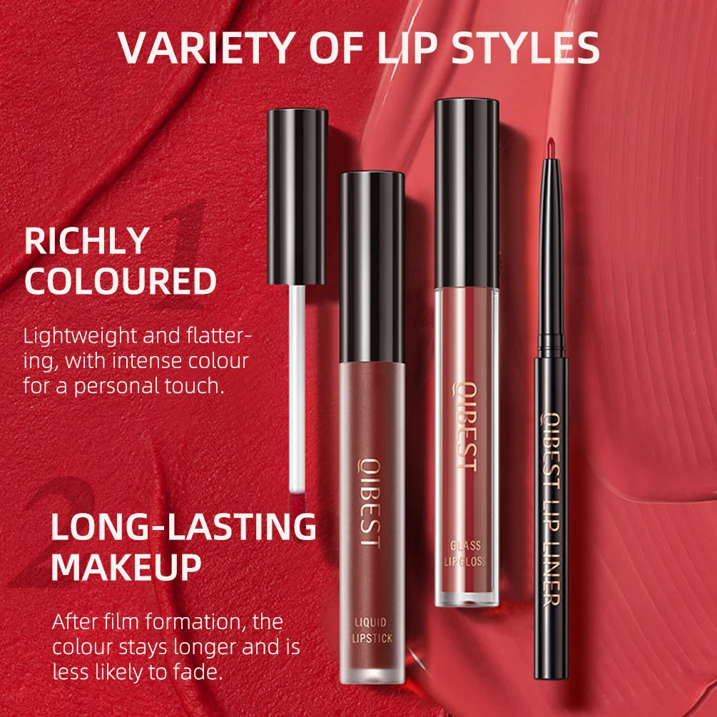 New 3pcs/set Liquid Lipstick Lip Liner Long Lasting Cosmetic Black Brown Purple Red Matte Lip Gloss Nude Lip Tint Stain Makeup
