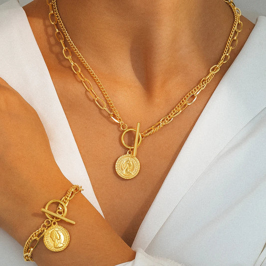 Stainless Steel Jewelry Set Hanging Coin Multi-Layer Cain Design Bracelet Necklace Ladies Jewelry Set For Women Jewelry