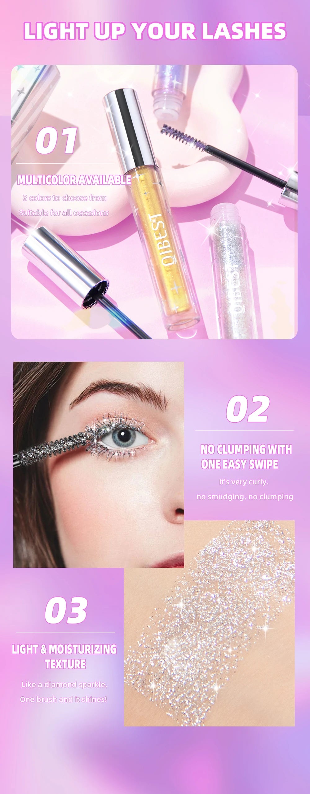 QIBEST Glitter Mascara Quick Dry Curling Extension Diamond Shimmer Mascara Eyelashes Lengthening Beauty Eyes Cosmetics For Women